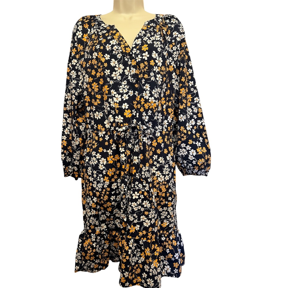 Draper James Navy Floral V-Neck Ruffle Mini Dress Long Sleeve Drawstring Large